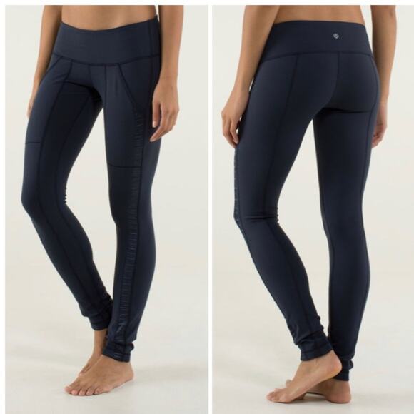 LULULEMON Navy Blue Ruched Tuxedo Satin Stripe Leggings Pockets 4 Yoga Pant - Picture 5 of 13